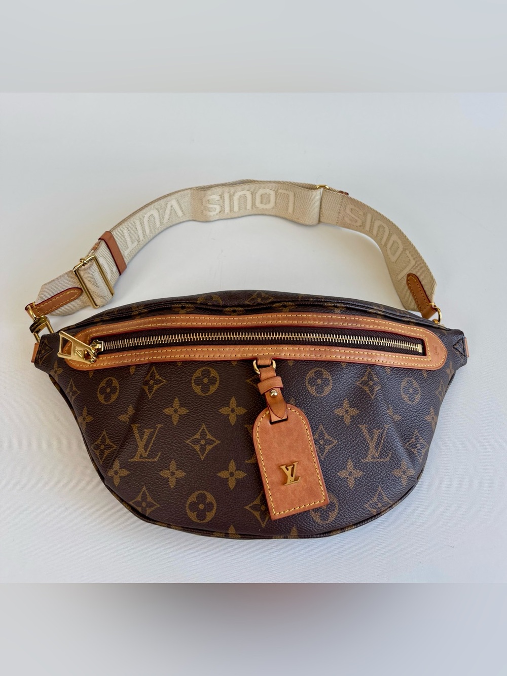 Louis Vuitton Monogram Canvas Belt Bag with Beige Strap and Tan Trim